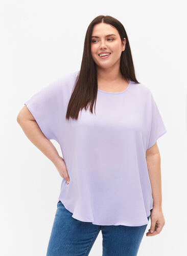 Bluse med korte ærmer og rund halsudskæring, Lavender, Model image number 0