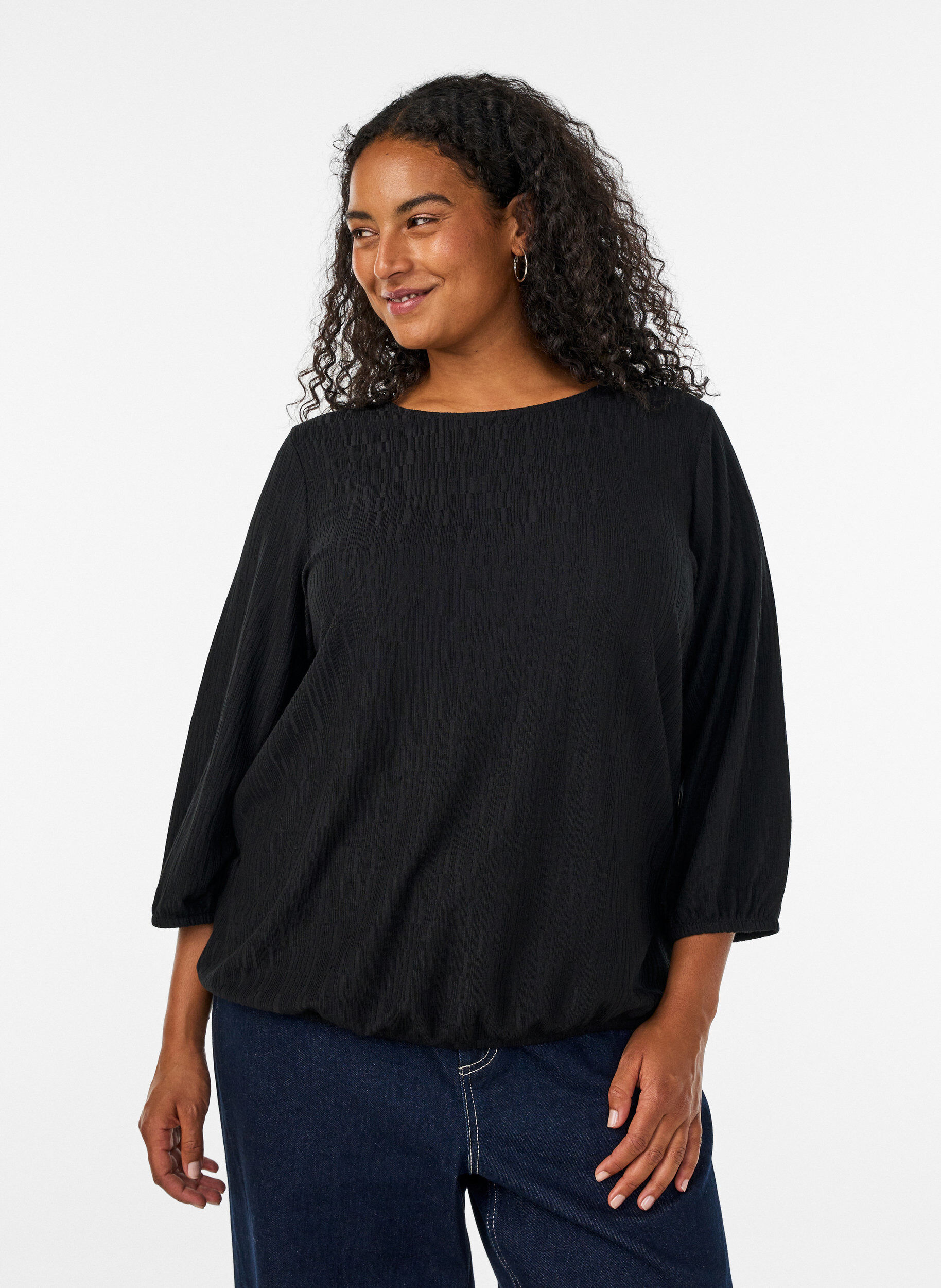 Bluse med struktur og 3/4 &aelig;rmer, Sort, Model