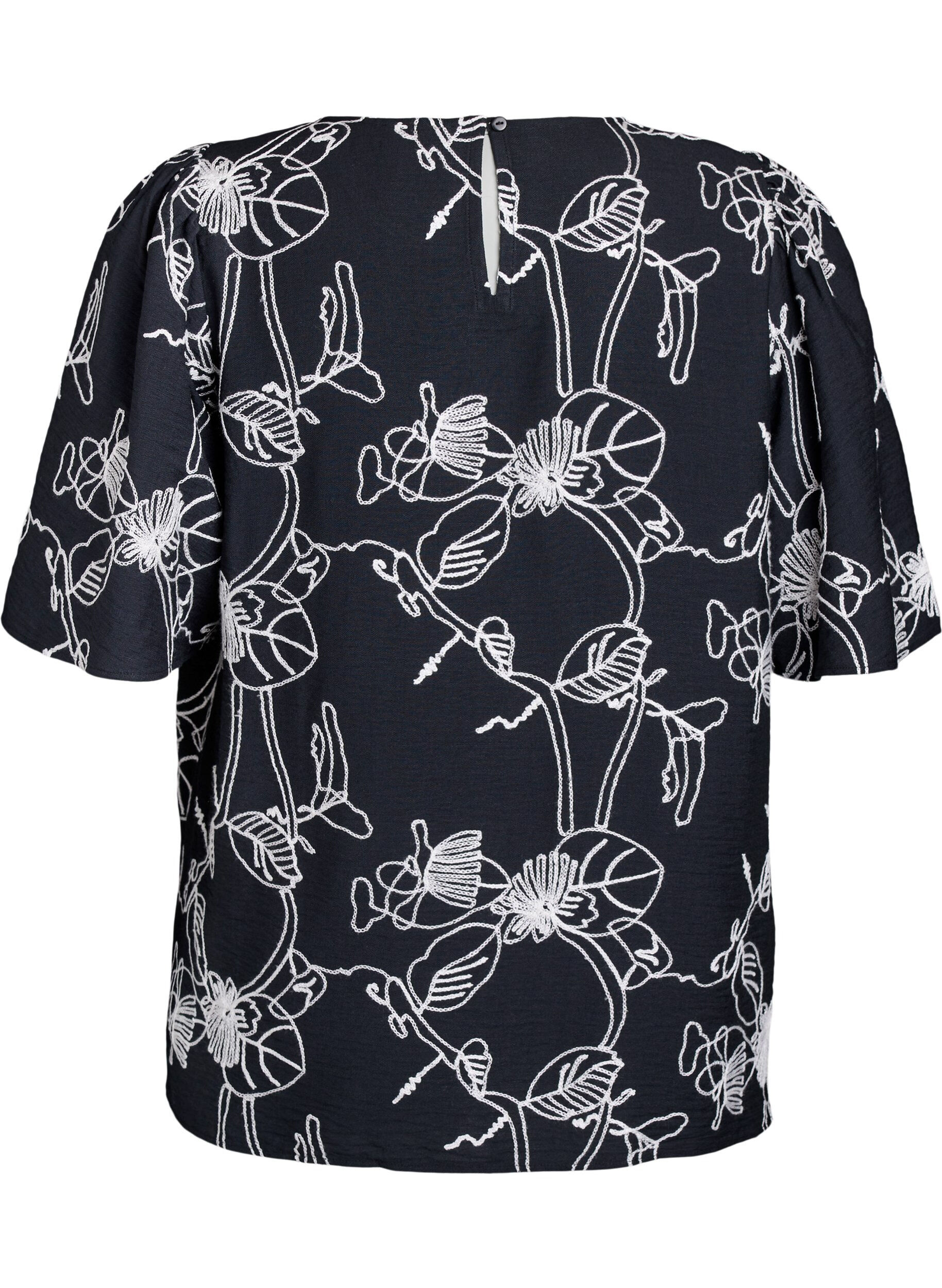 ZizziKort&aelig;rmet bluse med broderet m&oslash;nster, Sort, Packshot image number 1