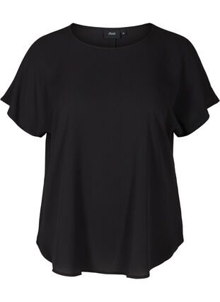 Bluse med korte ærmer og rund halsudskæring, Black, Packshot image number 0