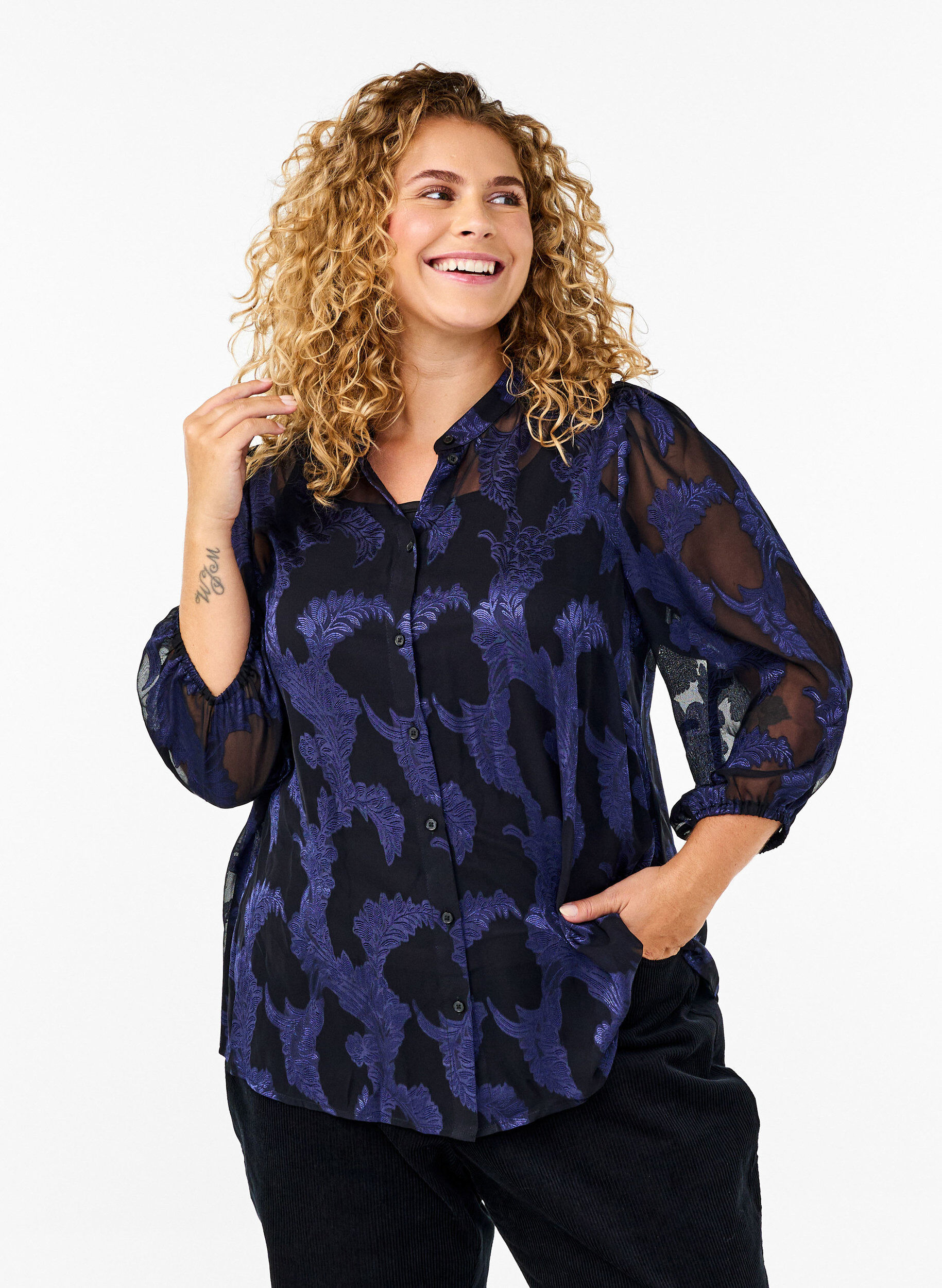 Zizzi Chiffon bluse med jacquard m&oslash;nster, Evening Blue, Model image number 0