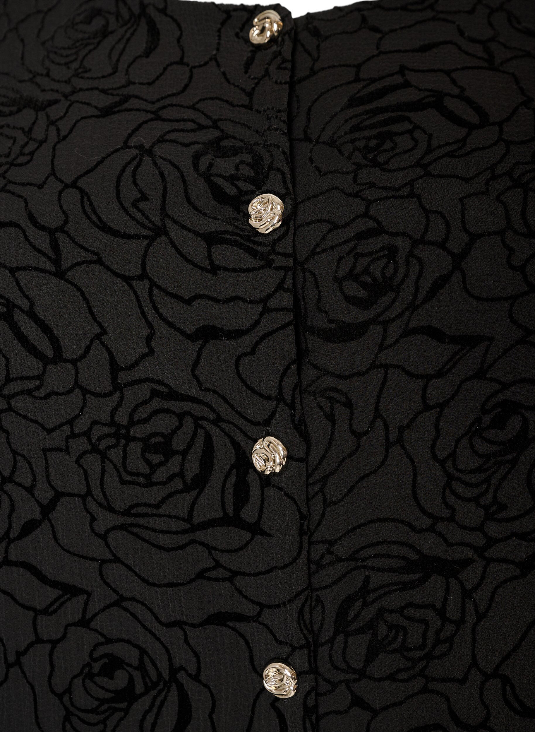 ZizziKort kjole med rosenm&oslash;nster og knapper, Sort, Packshot image number 2