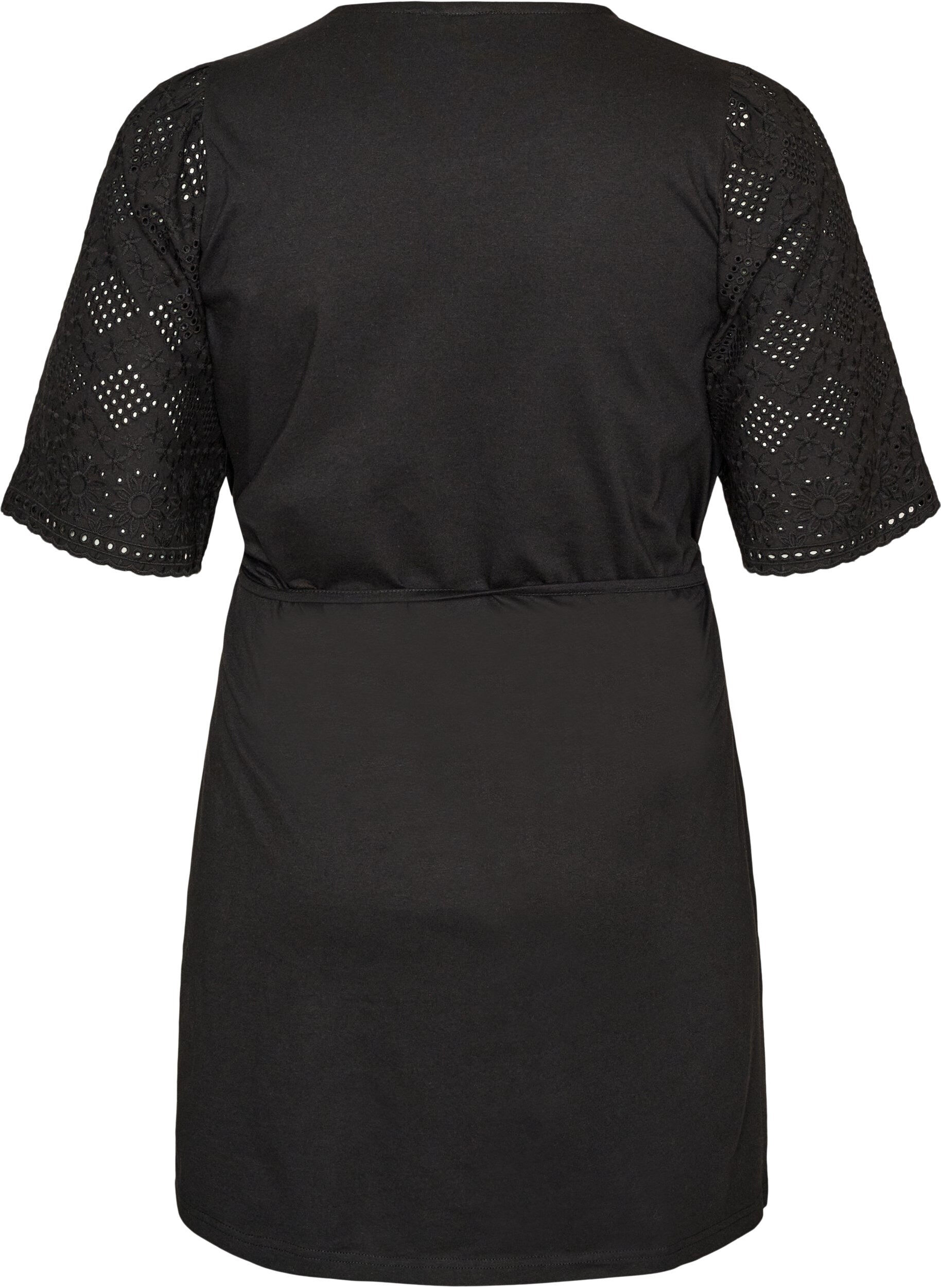 ZizziBomuldskjole med broderie anglaise-&aelig;rmer og bindeb&aring;nd, Sort, Packshot image number 1