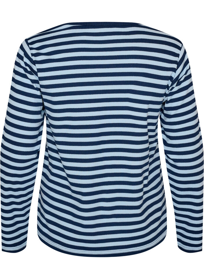 Lang&aelig;rmet natbluse i rib jersey med striber, Bl&aring;, Packshot image number 1