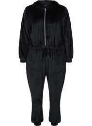 Velour jumpsuit med hætte og bindesnøre, Black