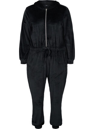 Velour jumpsuit med hætte og bindesnøre, Black, Packshot image number 0