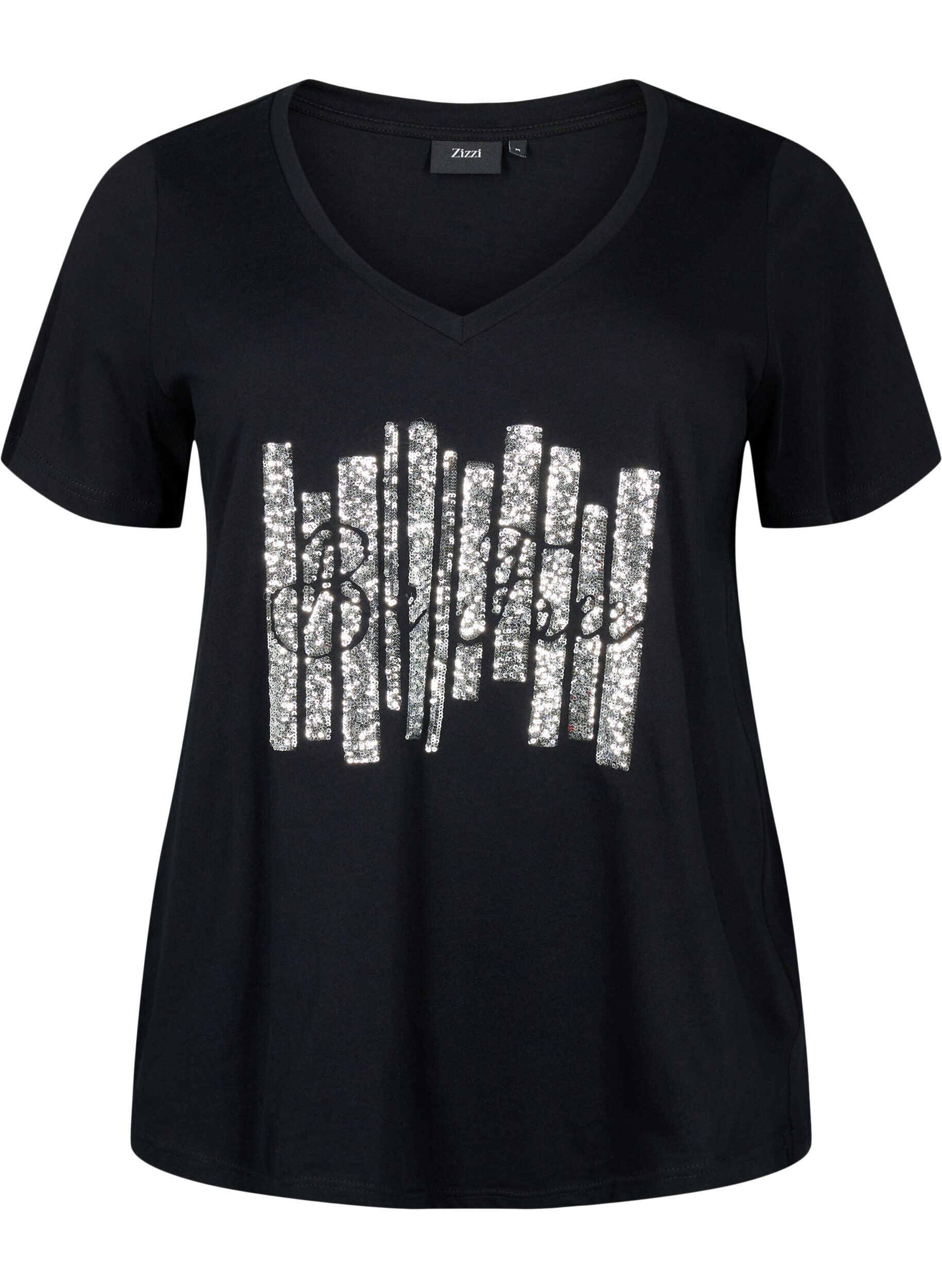 Zizzi Bomulds t-shirt med pailletter, Black W. Be free, Packshot image number 0