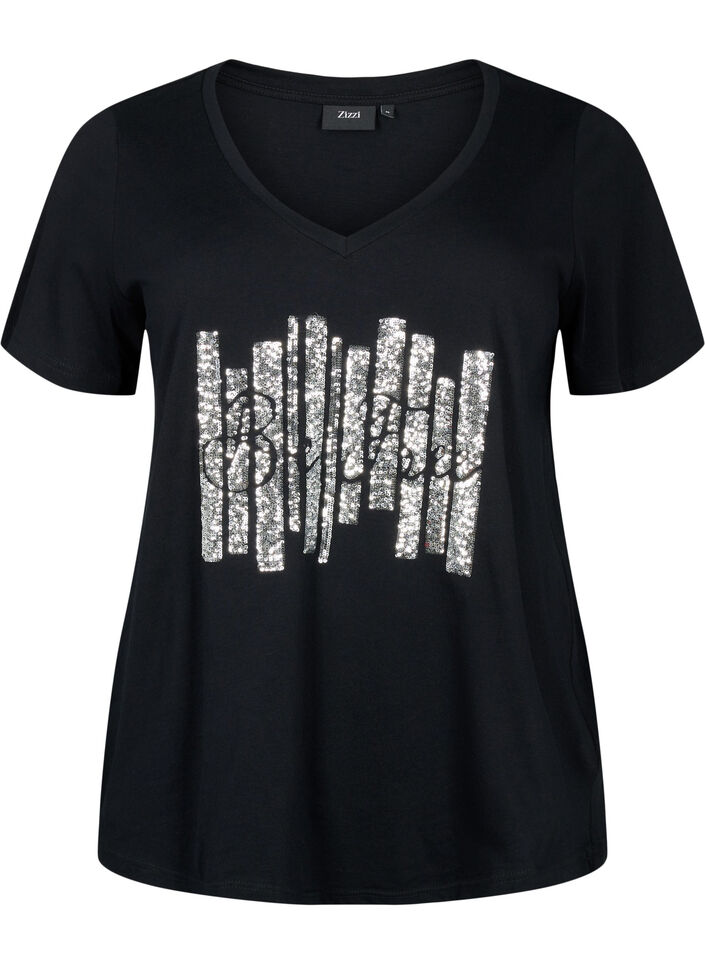 Bomulds t-shirt med pailletter, Black W. Be free, Packshot image number 0
