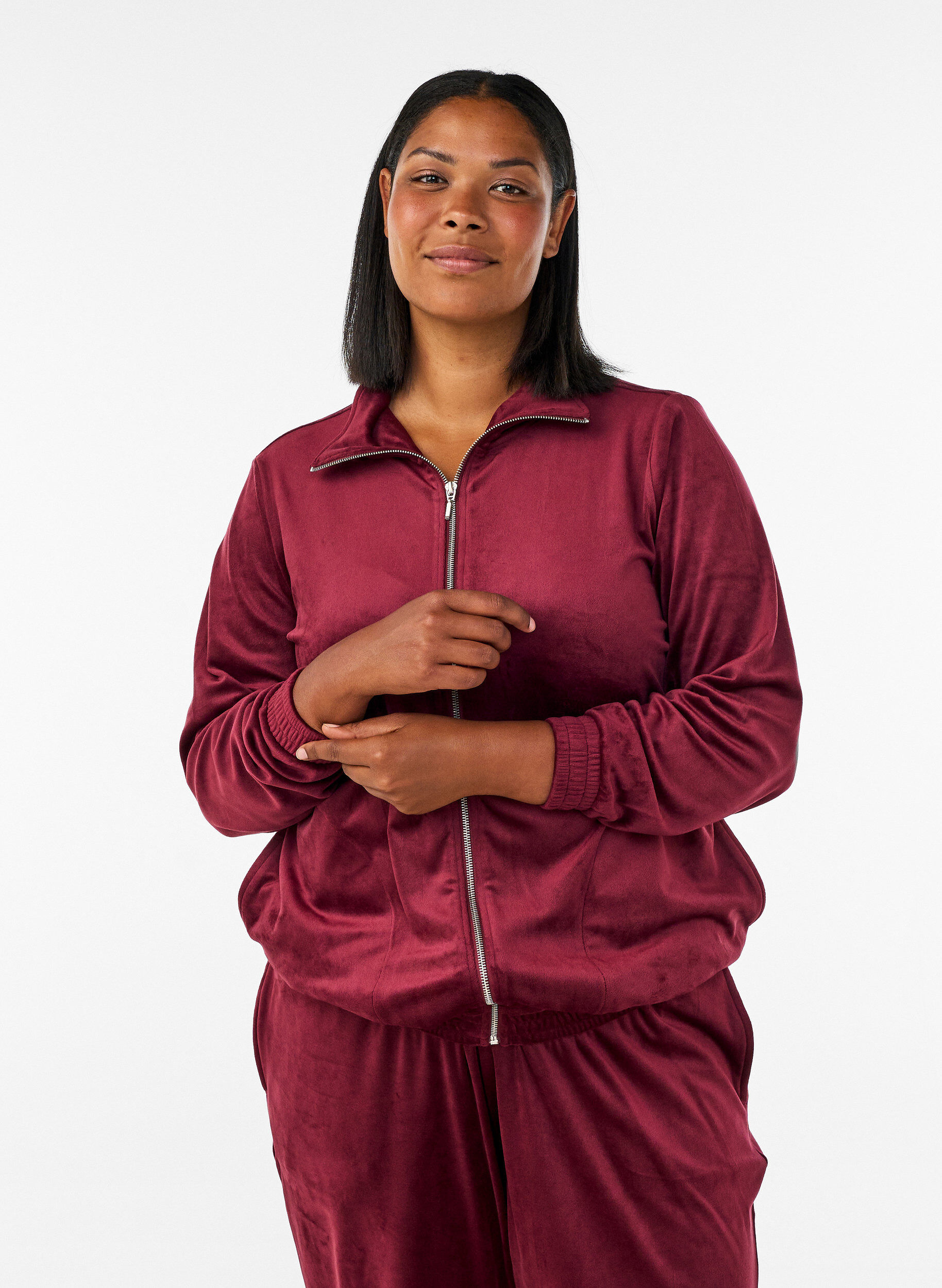 ZizziCardigan i bl&oslash;d velour med lynl&aring;s og h&oslash;j krave, R&oslash;d, Model image number 0