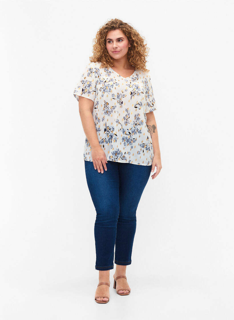 Bluse med print og lurex, White Flower/Gold, Model image number 2