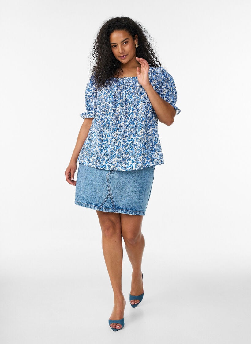 Bluse i bomuld med firkantet udsk&aelig;ring, Bl&aring;, Model image number 1