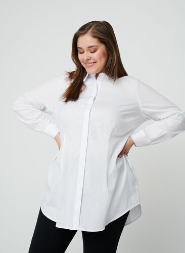 Langærmet skjorte i bomuld, Bright White, Model image number 0