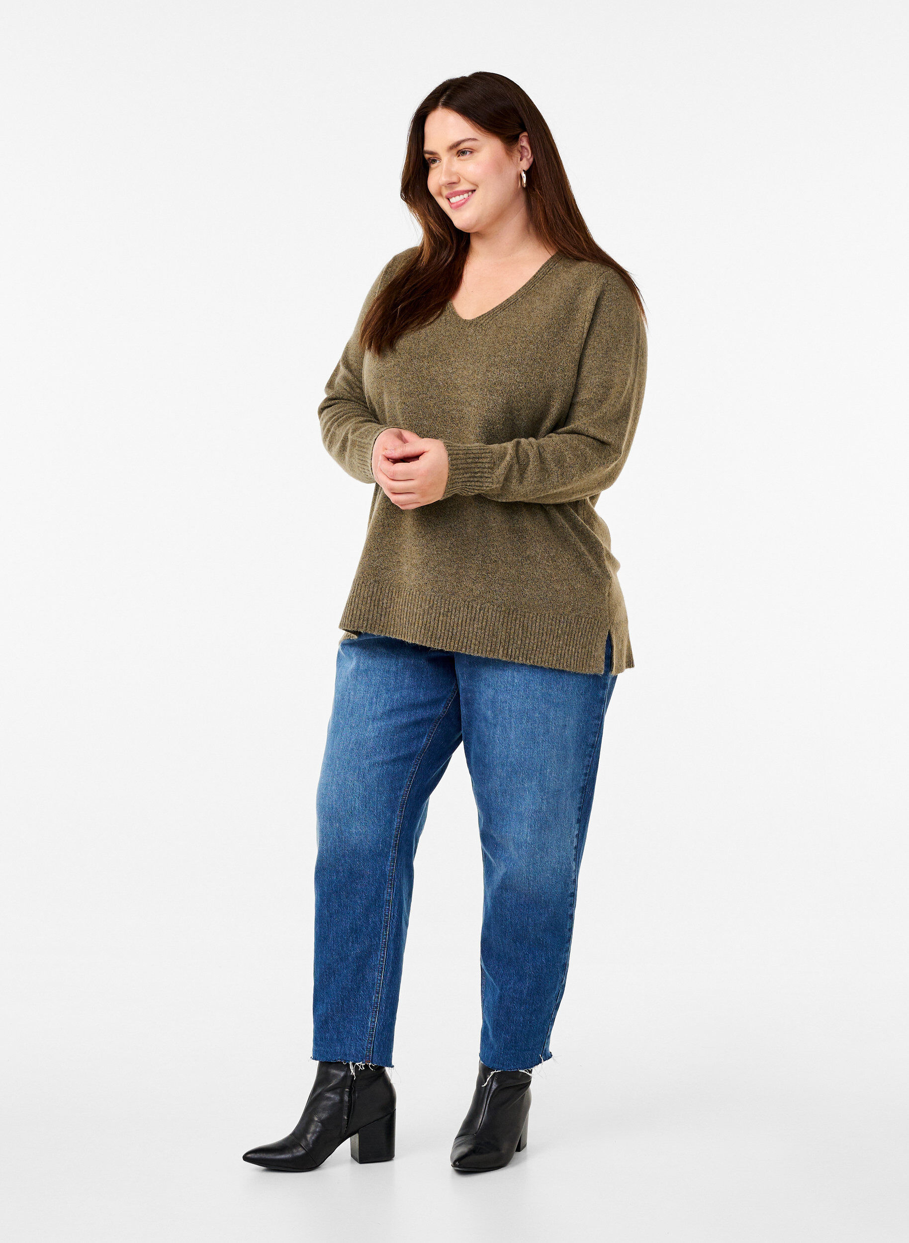 Zizzi Strikbluse med v-hals, Dusky G. Black Mel., Model image number 2