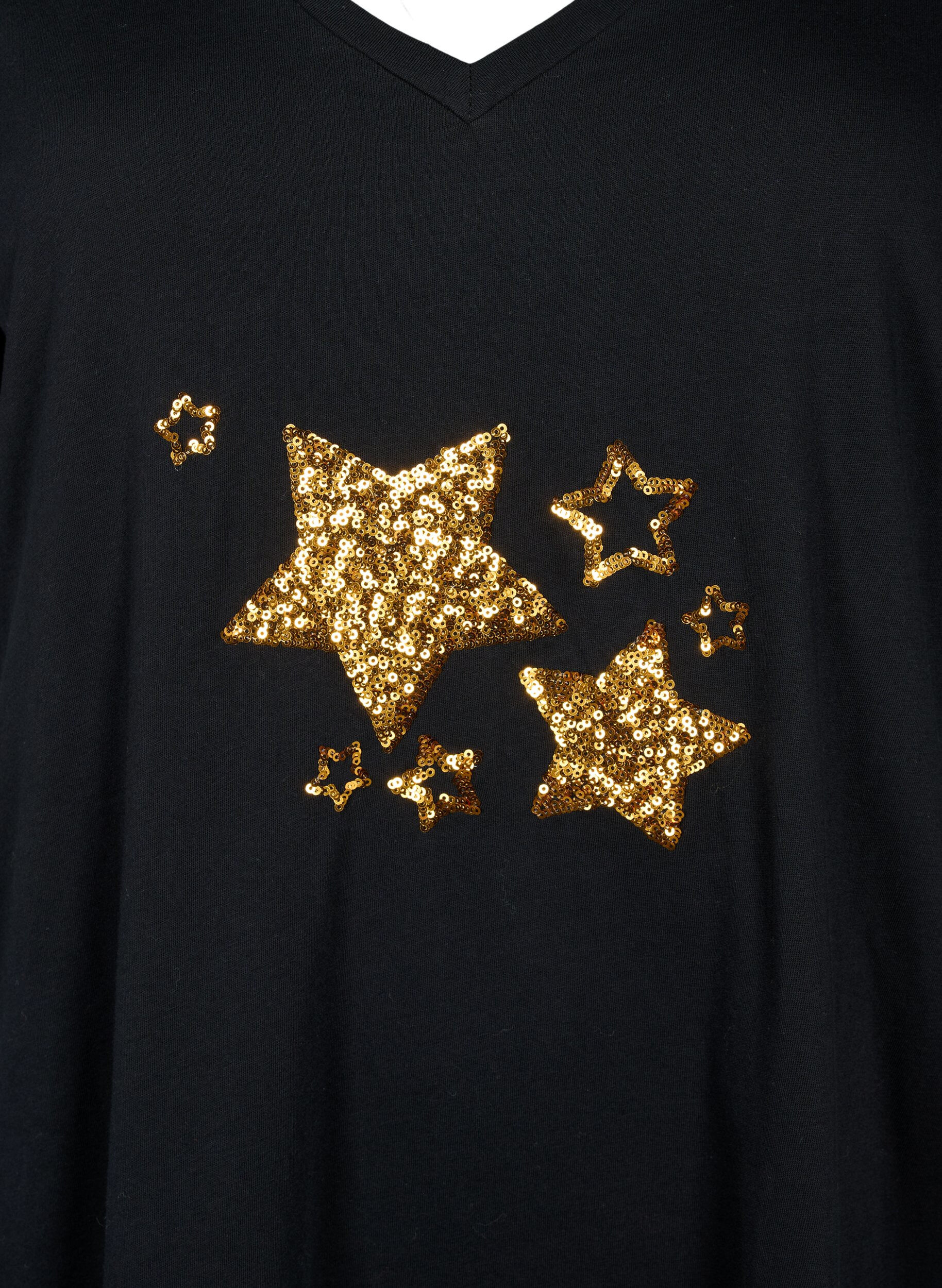 Zizzi Bomulds t-shirt med pailletter, Black W. Star, Packshot image number 2