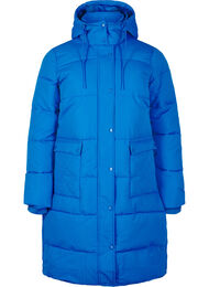 Lang puffer jakke med lommer og hætte, Blå