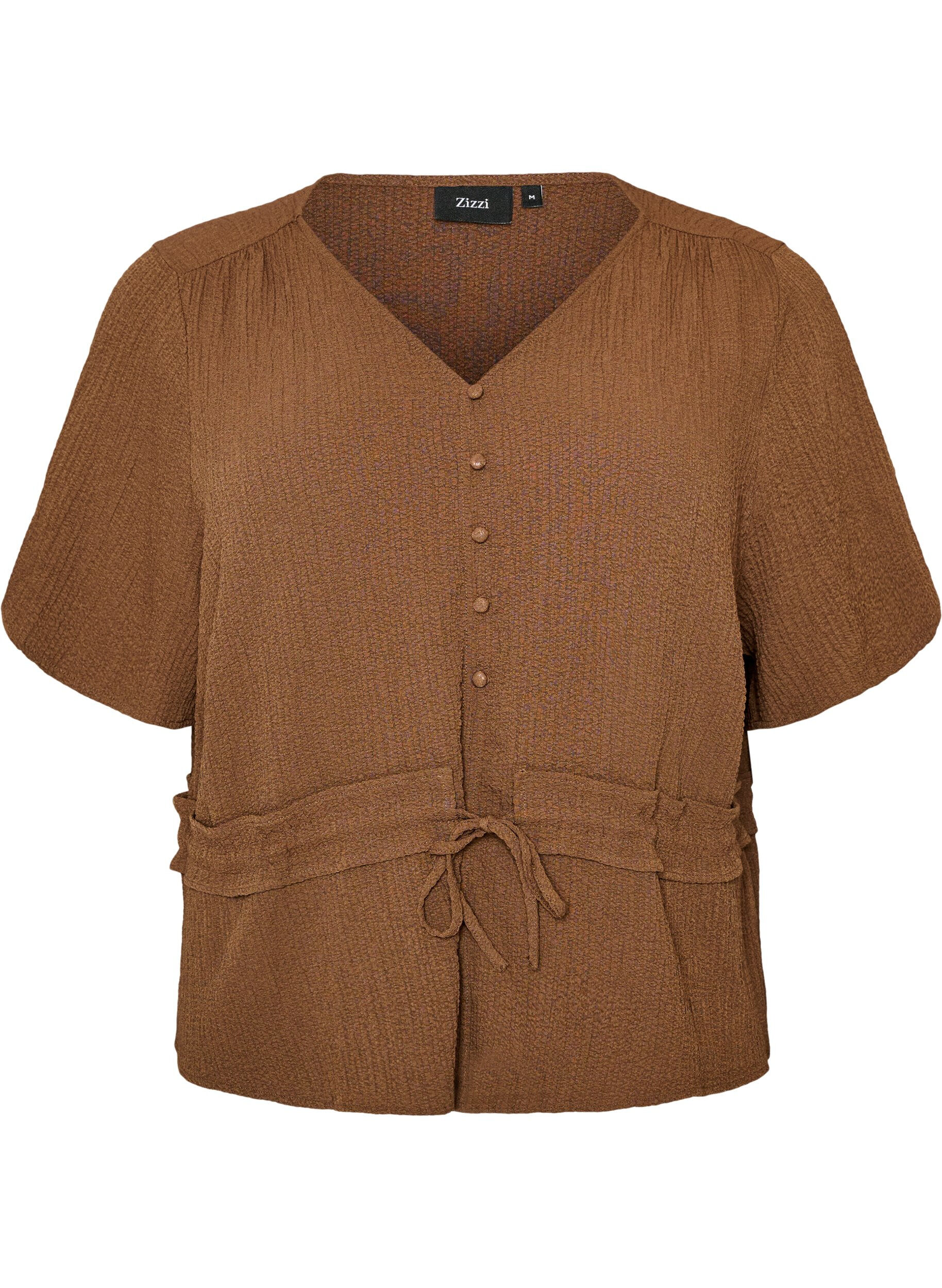 ZizziBluse med struktur og bindeb&aring;nd i taljen, Brun, Packshot image number 0