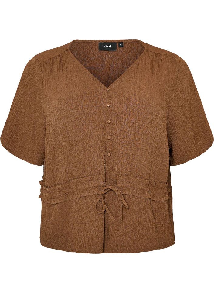 Bluse med struktur og bindeb&aring;nd i taljen, Brun, Packshot image number 0