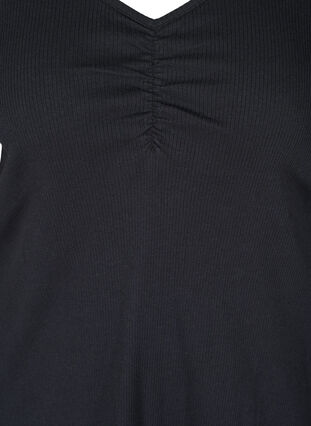 Bomulds bluse i rib med v-hals og rynke effekt, Black, Packshot image number 2