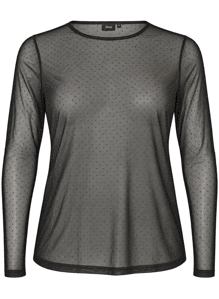 Transparent meshbluse med rhinsten, Sort, Packshot image number 0