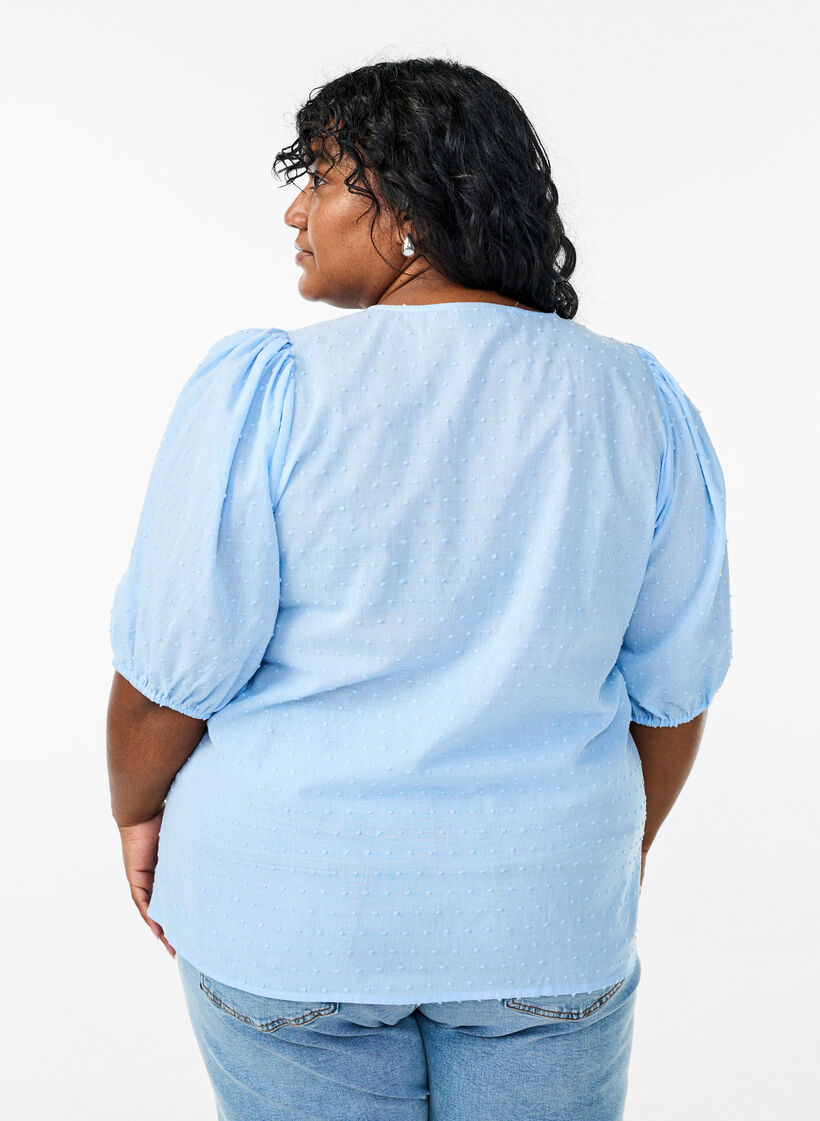 Skjortebluse med bindebånd og prikket tekstur, Blå, Model image number 2