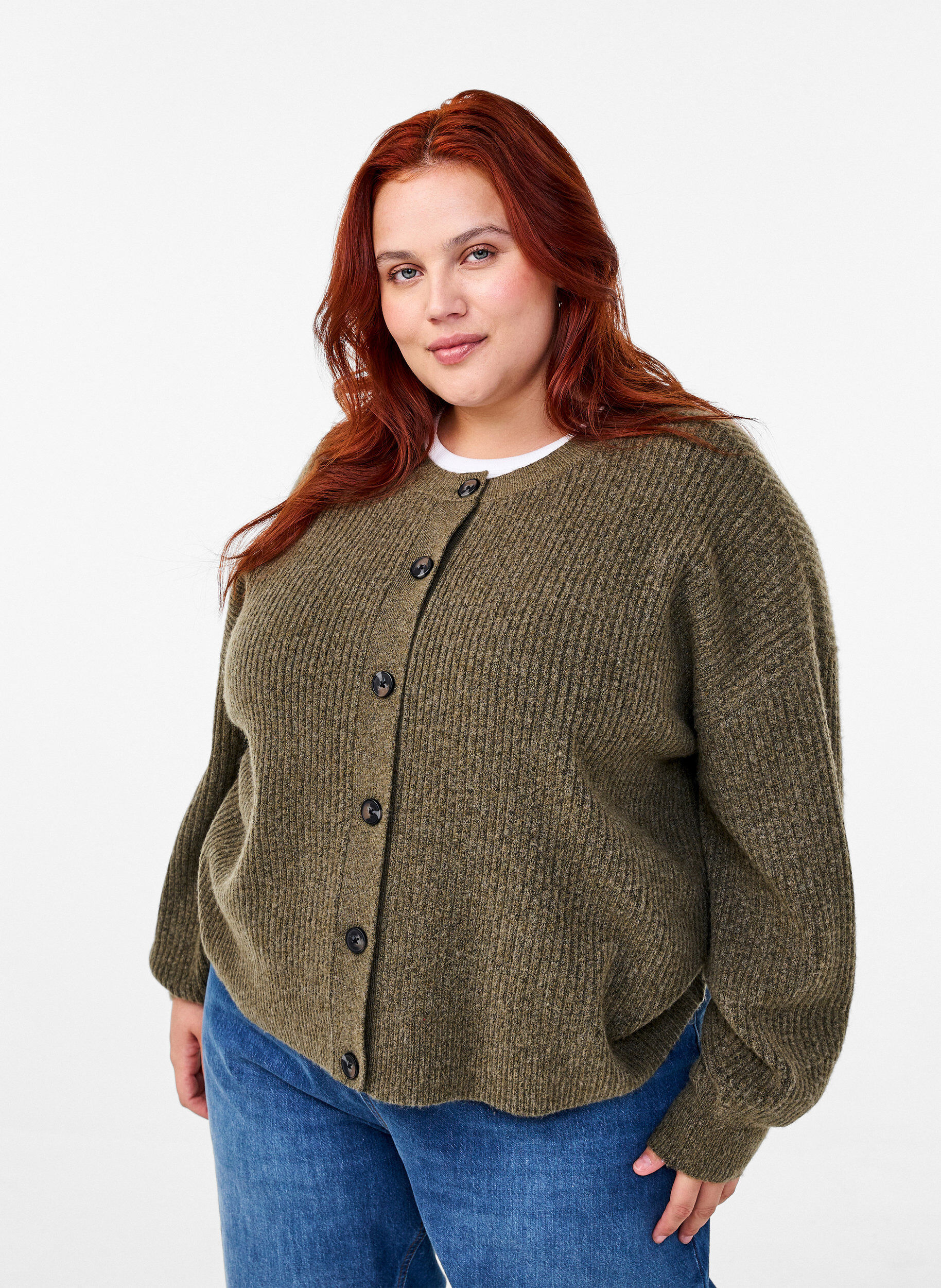 Zizzi Ribstrikket cardigan med knapper, Gr&oslash;n, Model image number 0