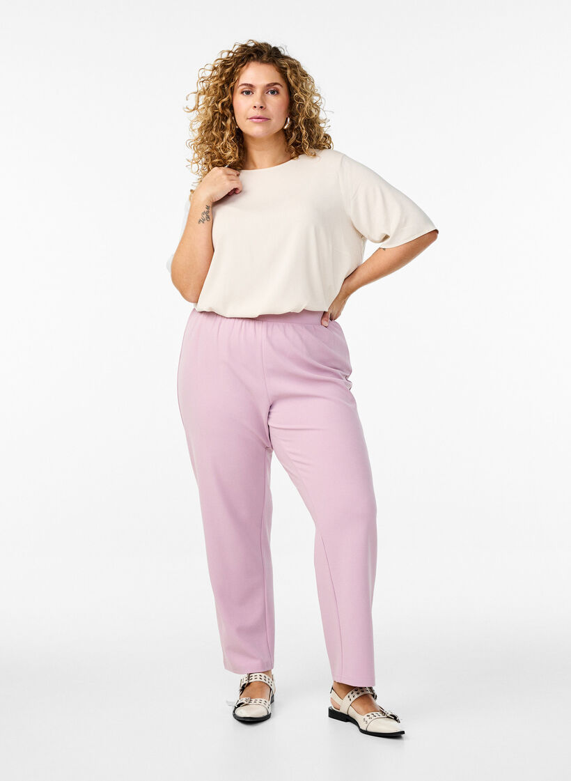 Kort&aelig;rmet v&aelig;vet bluse med rund hals, Beige, Model image number 1