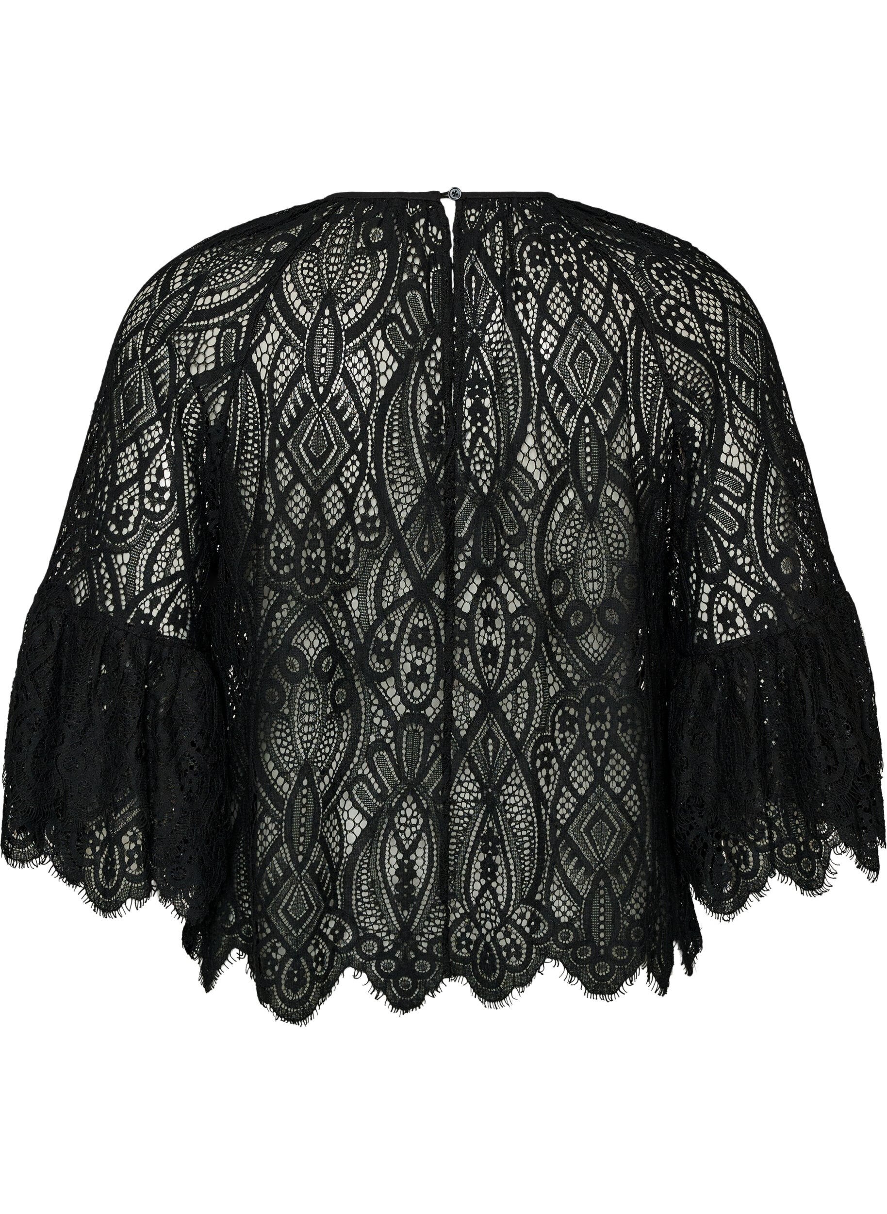 ZizziBlondebluse med lange trompet&aelig;rmer og fl&aelig;ser, Sort, Packshot image number 1