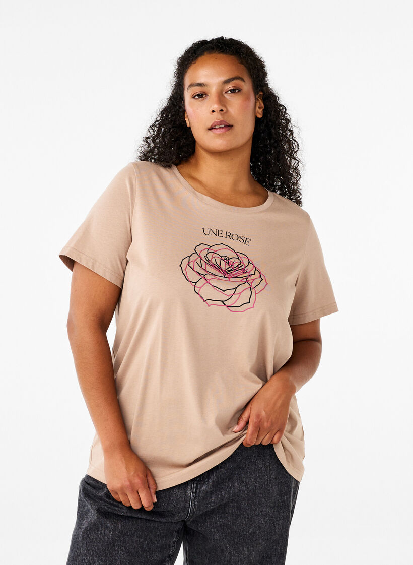 Bomulds t-shirt med print, S. Mink w. Flower, Model image number 0
