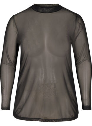 Tætsiddende mesh bluse med høj hals, Black, Packshot image number 0