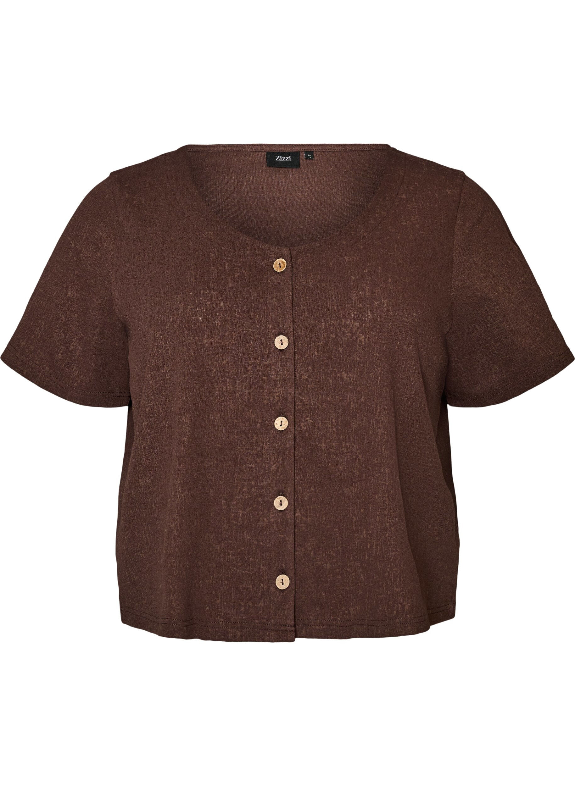 ZizziBluse i bomuld med struktur og knaplukning, Brun, Packshot image number 0