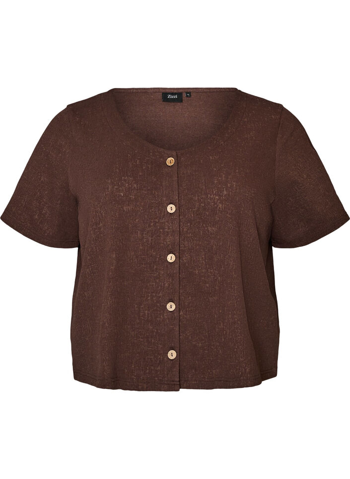 Bluse i bomuld med struktur og knaplukning, Brun, Packshot image number 0