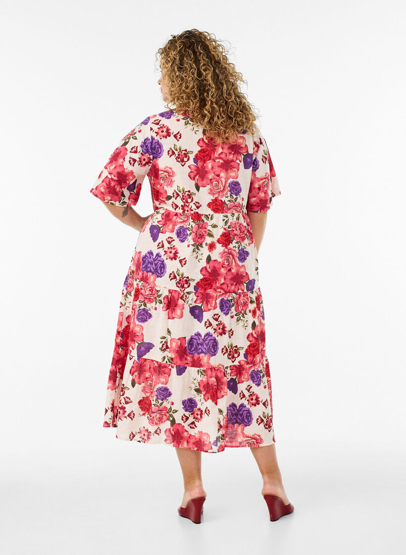 Midikjole i bomuld med blomsterprint, R&oslash;d, Model image number 1