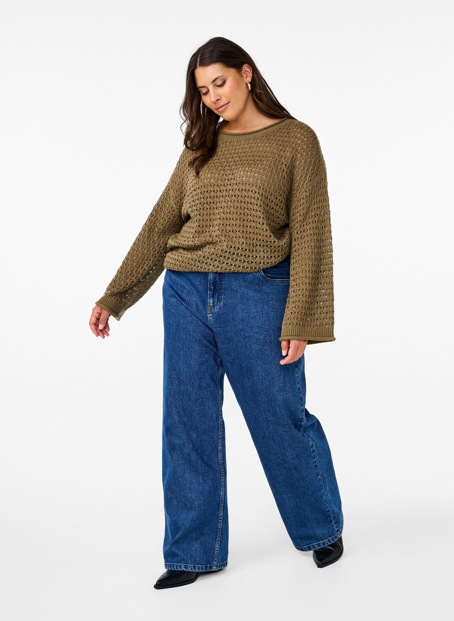 Zizzi Strikket bluse med hulm&oslash;nster, Dusky Green, Model image number 2