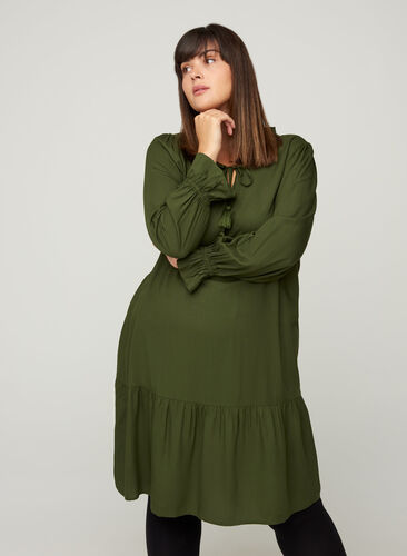 Viskose kjole med binde detalje, Rifle Green, Model image number 0
