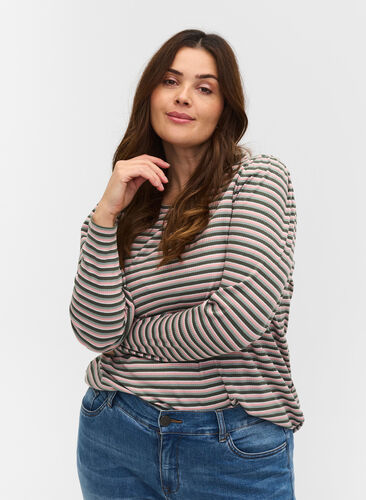 Stribet bluse med lange ærmer, Rosa/Green Stripe, Model image number 0