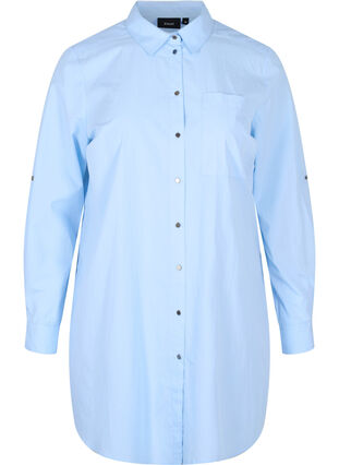 Lang bomuldskjorte med tryk på ryggen, Chambray Blue, Packshot image number 0