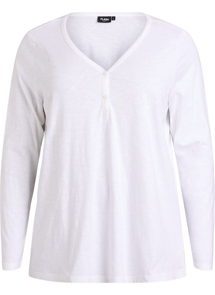 Lang&aelig;rmet t-shirt med V-hals og knapper, Hvid, Packshot image number 0