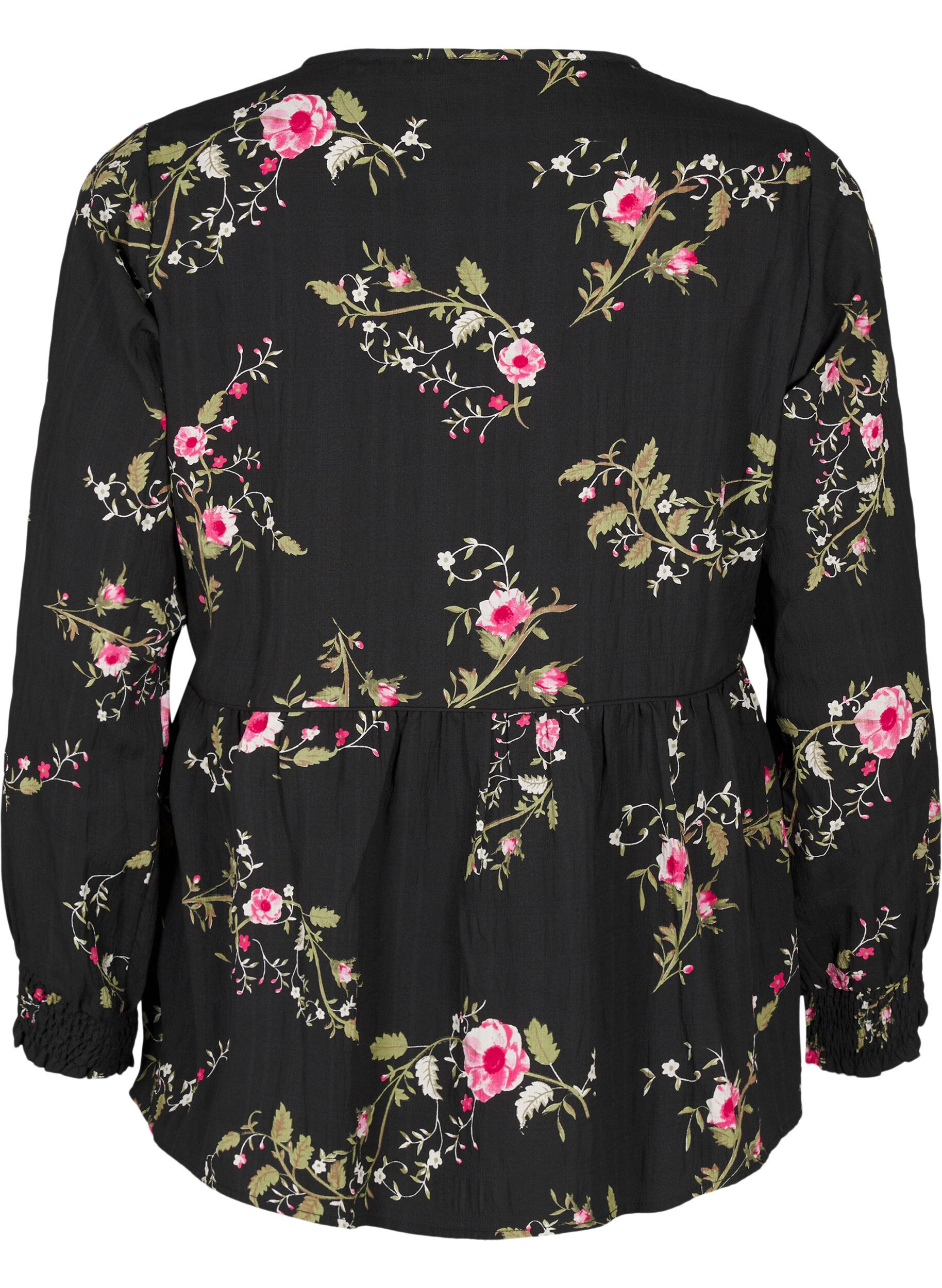 ZizziLang&aelig;rmet bluse med blomsterprint, Sort, Packshot image number 1