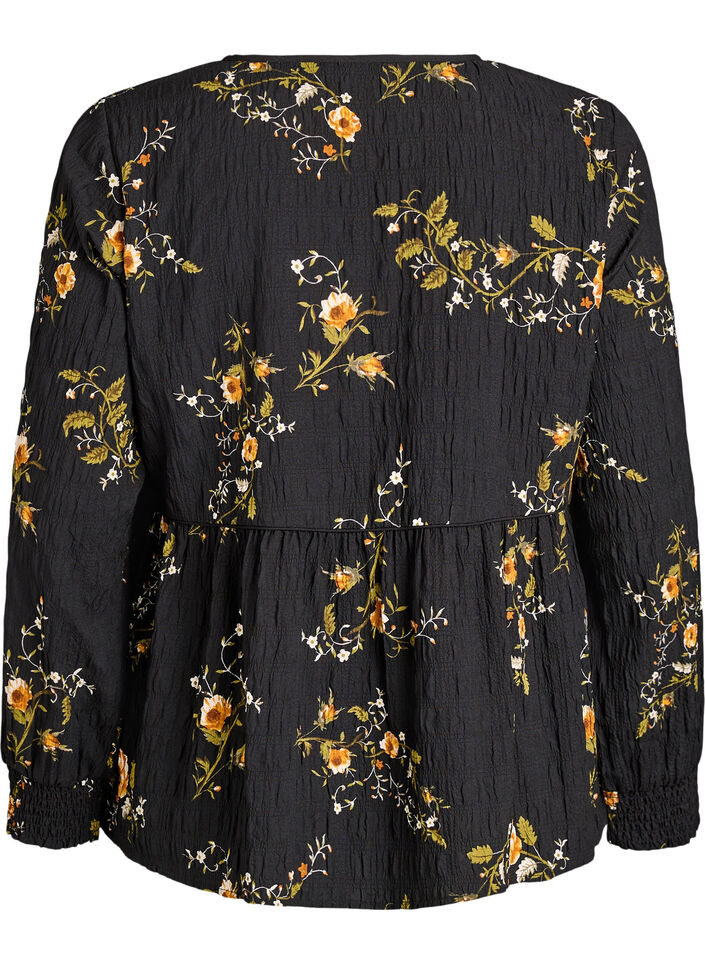 Lang&aelig;rmet bluse med blomsterprint, Sort, Packshot image number 1