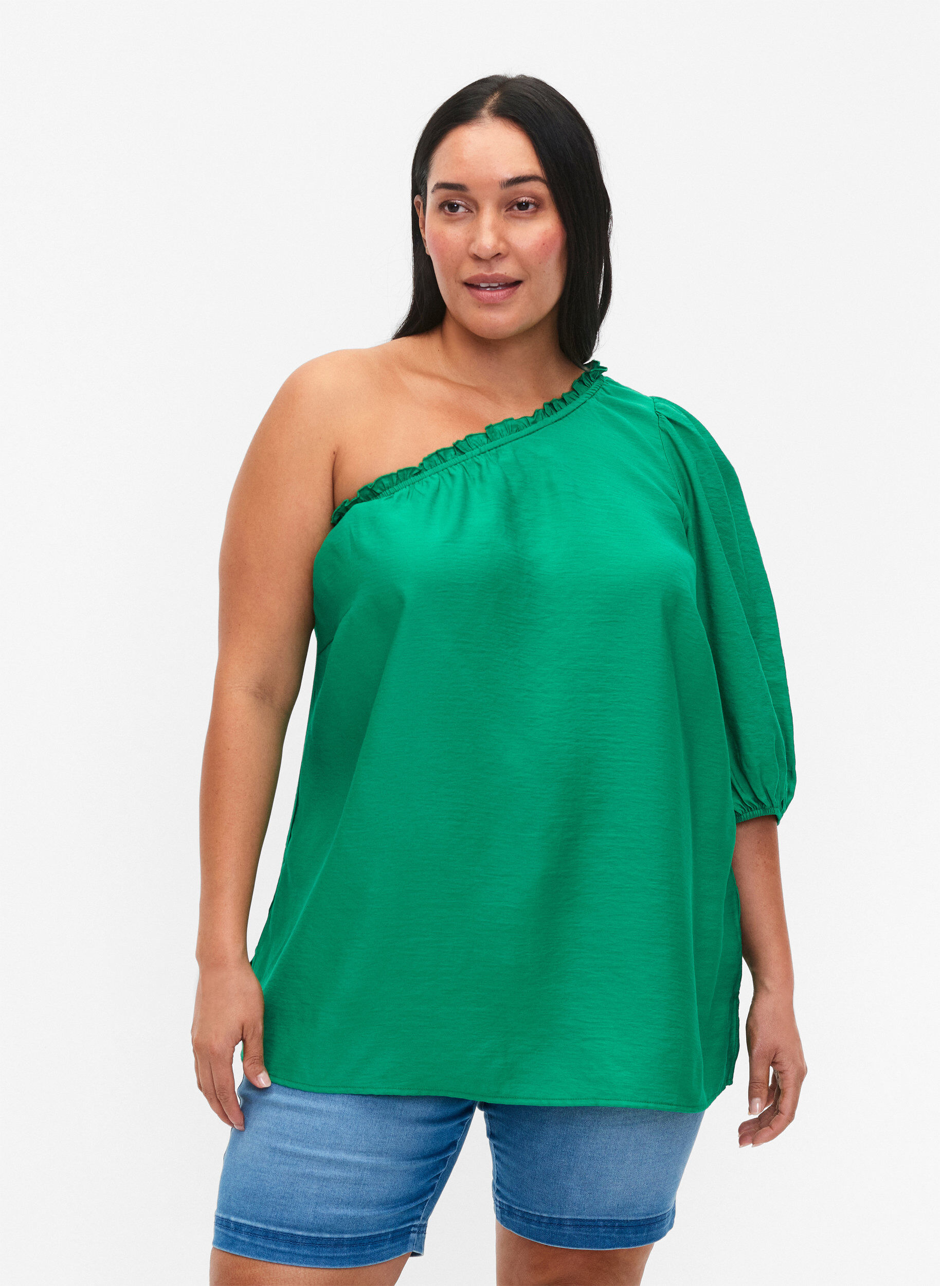 Zizzi One-shoulder bluse i viskose, Gr&oslash;n, Model image number 0