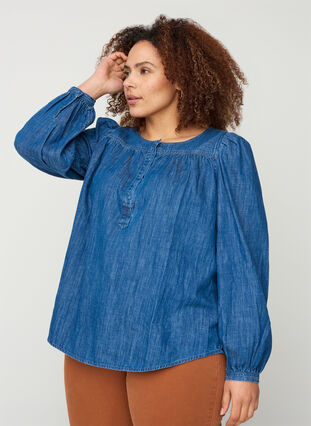 Denim bluse med lange pufærmer, Blue denim, Model image number 0