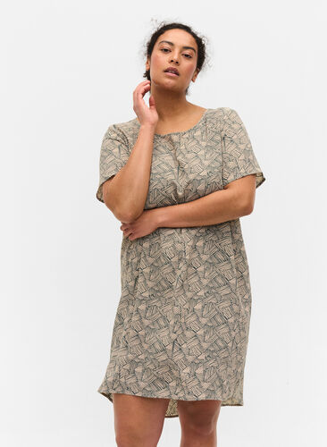 Printet kjole med korte ærmer, Green Graphic, Model image number 0