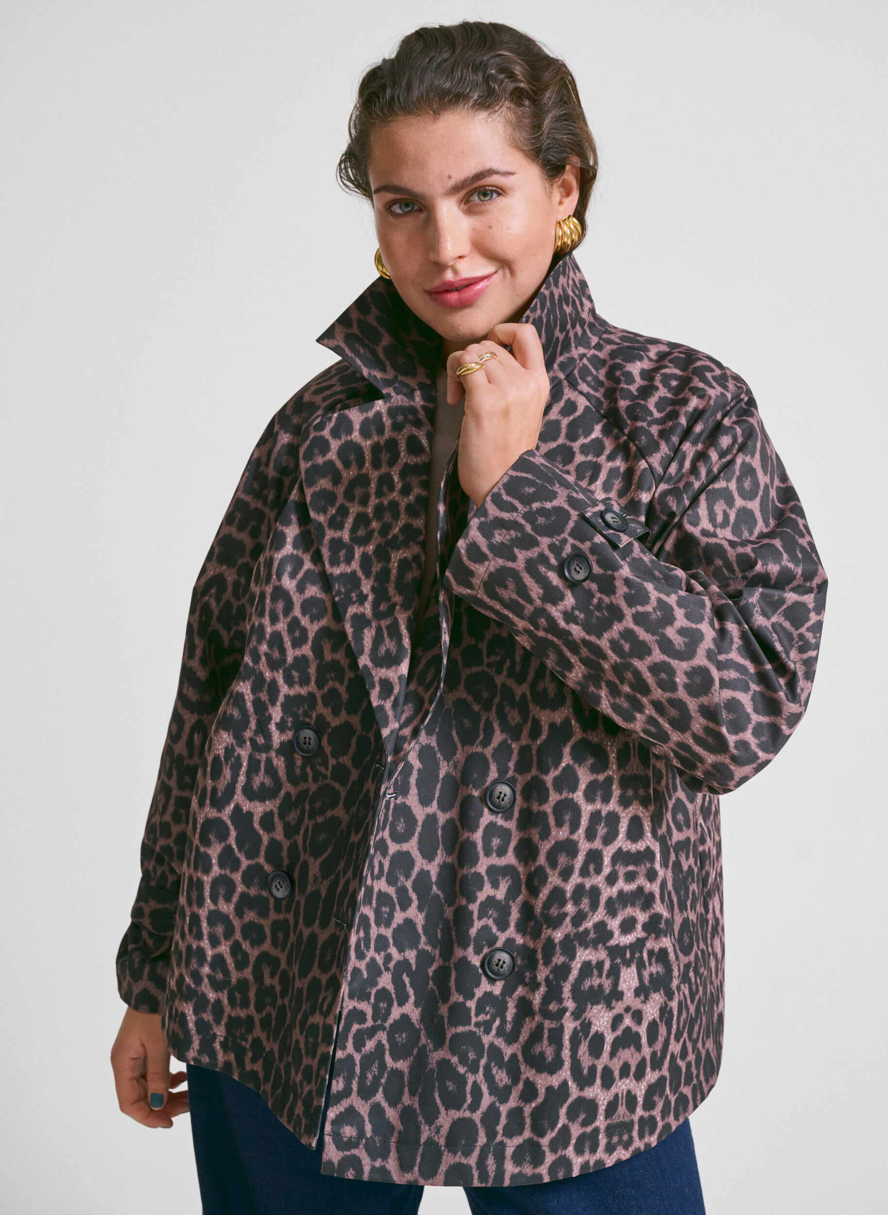 Zizzi Dobbeltradet blazerjakke med leopardprint, Brun, Image image number 0