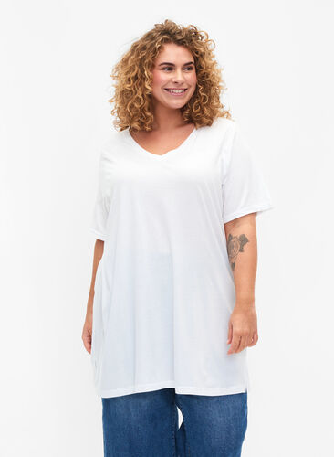 Ensfarvet oversize t-shirt med v-hals, Bright White, Model image number 0