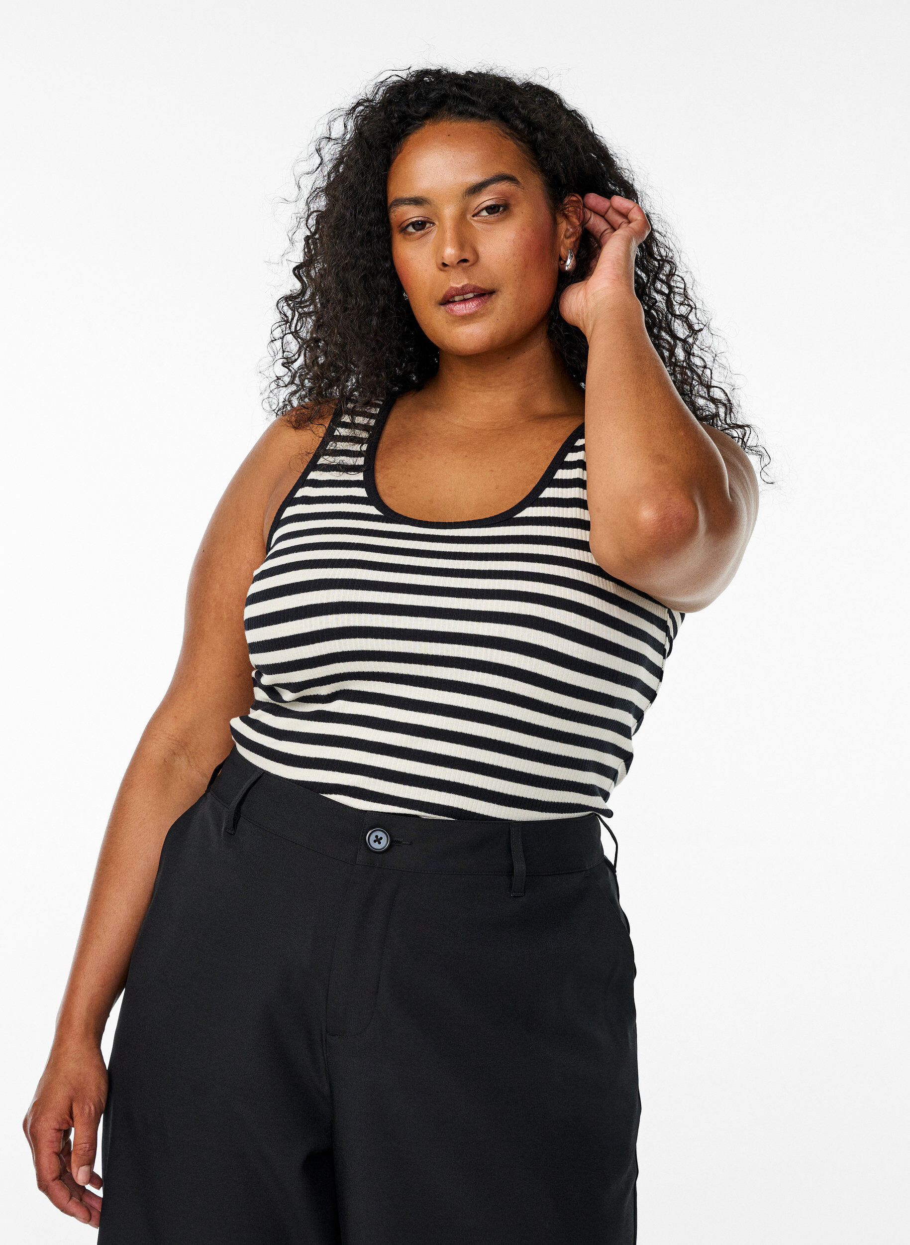 Zizzi Stribet tanktop med ribstruktur, Sort, Model image number 0