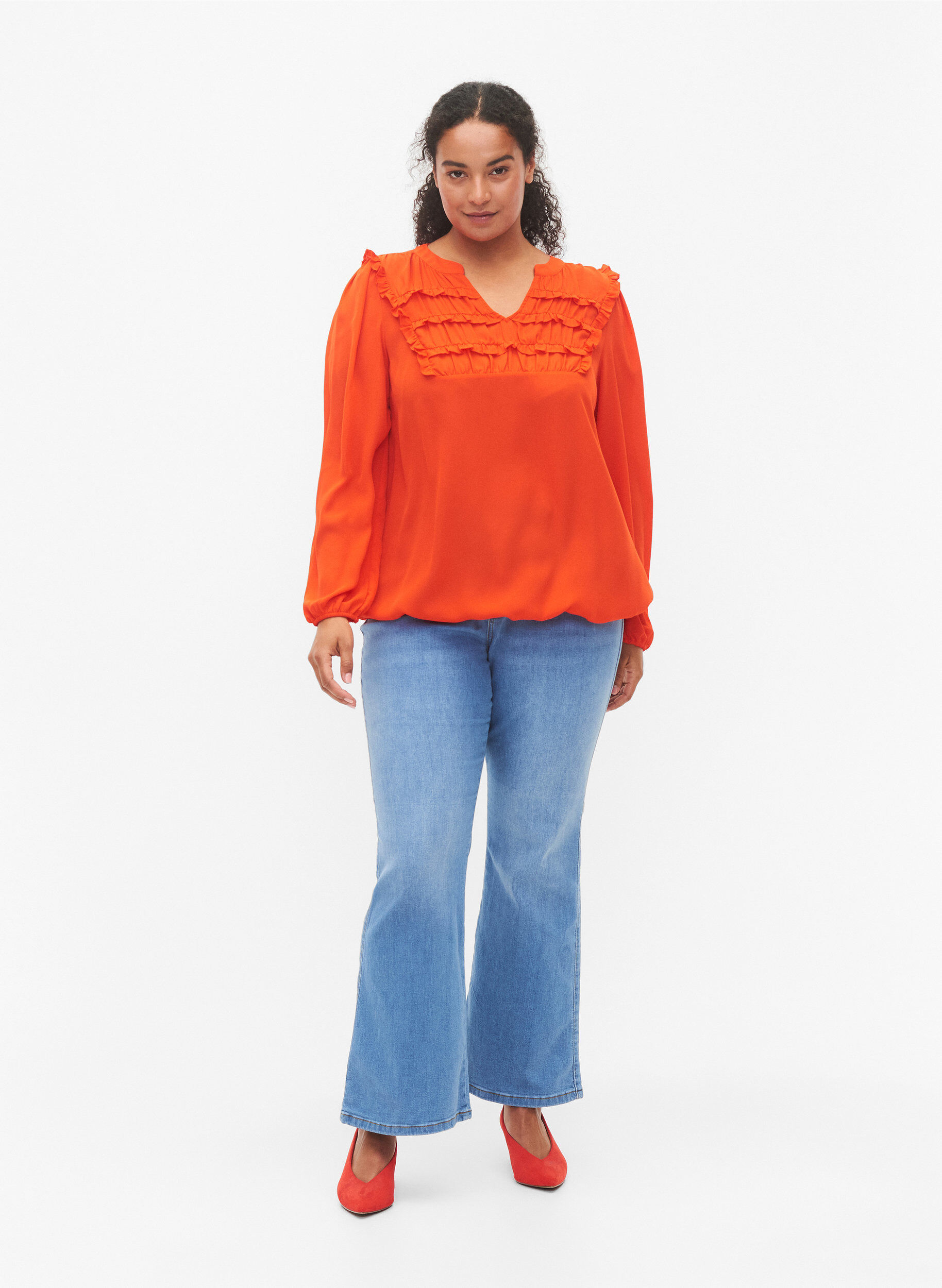 Zizzi Lang&aelig;rmet bluse med fl&aelig;sedetaljer, Orange.com, Model image number 3