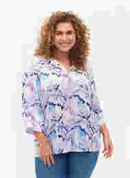 Bluse med print og 3/4 ærmer, Blue Lilac AOP, Model