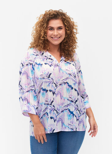 Bluse med print og 3/4 ærmer, Blue Lilac AOP, Model image number 0