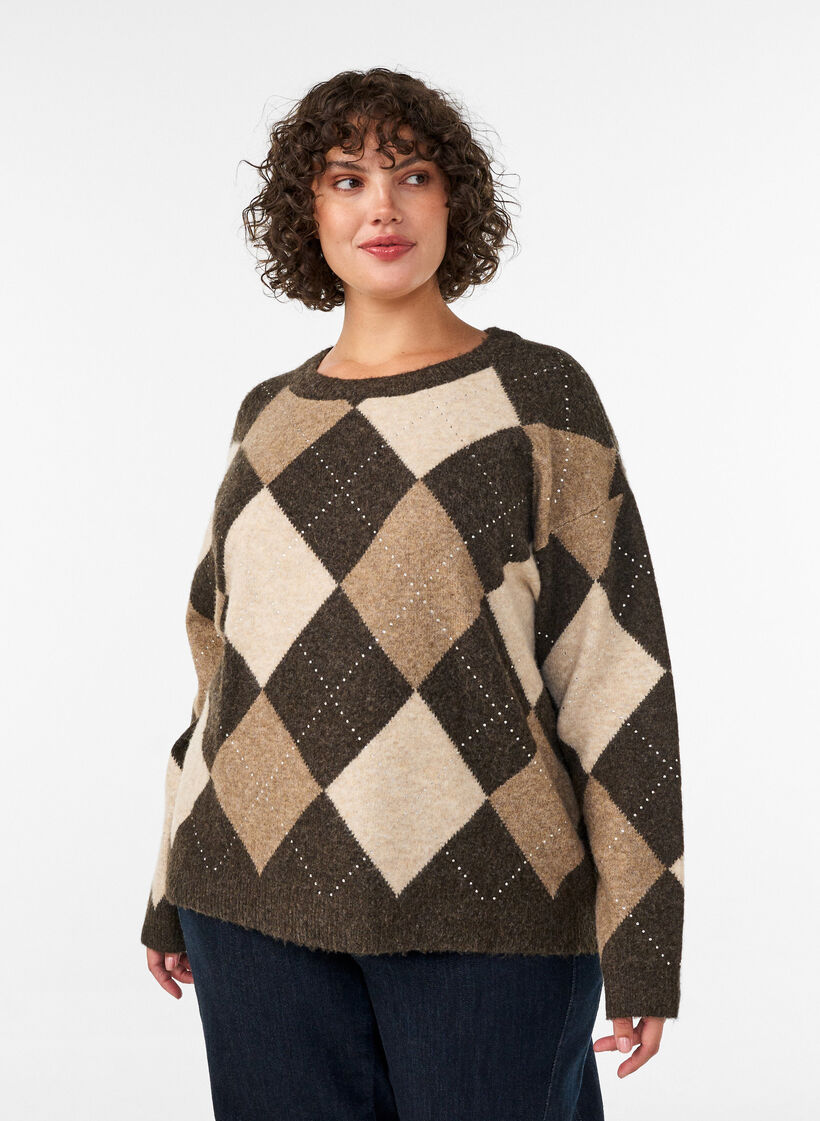 Strikbluse med argylem&oslash;nster og rhinsten, Brun, Model image number 0