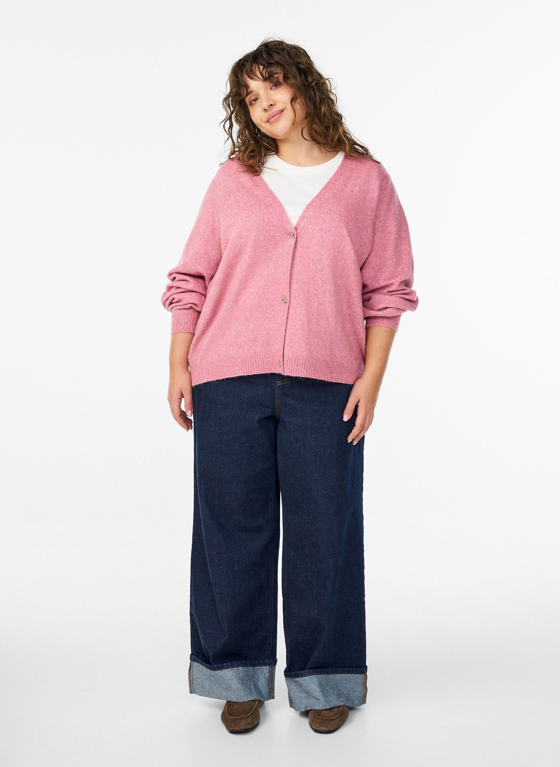 Zizzi Strik cardigan med uld og sl&oslash;jfeknapper, Lyser&oslash;d, Model image number 1